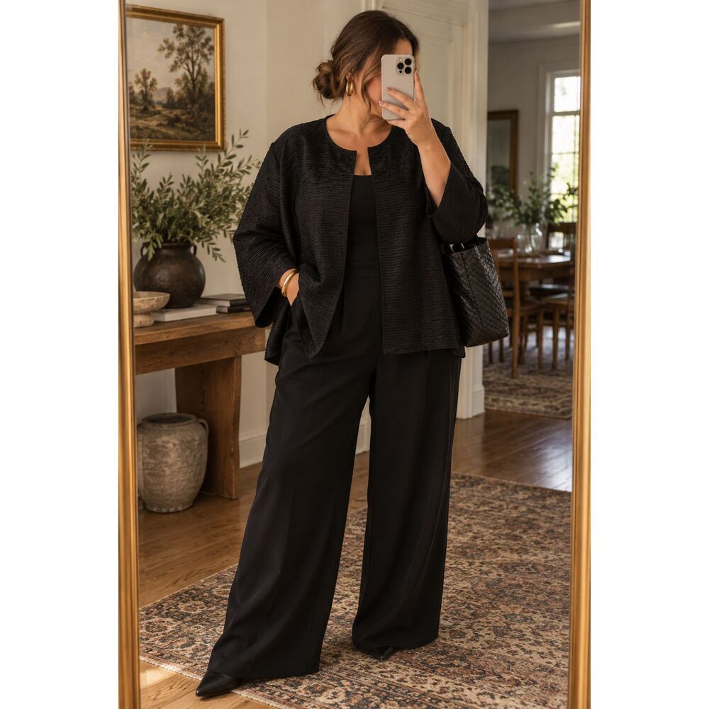 Eileen Fisher Woman 2X 100% Silk Black Textured Open Front Jacket